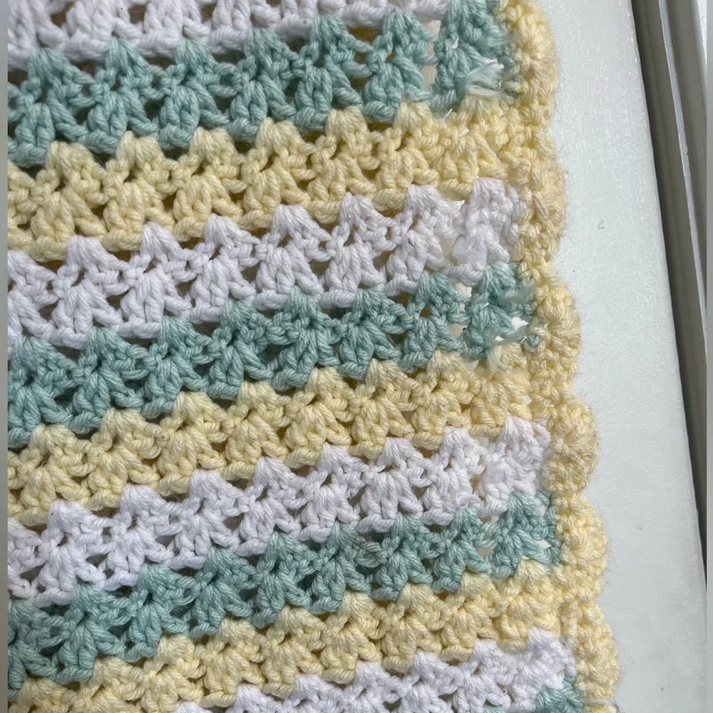 Handmade Crochet Baby Blanket in Pastel Yellow, green & White afghan knit throw